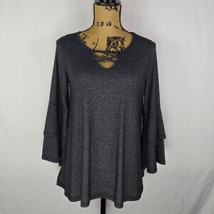 GYFT Gray Bell Sleeve Tunic Top L Criss Cross Neck Boho Chic Casual Soft Classic